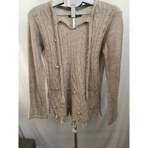 Prana Womens Cable Knit‎ Tassel Sweater M Long Sleeve Gray Boho Casual B11